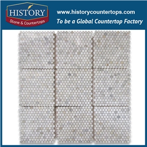 History Stone Guaranteed Brand Quanzhou Supplier Custom Made Products, Indian Style Luxury Decoration Honed Calacatta Gold White Marble Penny Round Pattern Mosaic Tiles, Wall and Flooring Mosaic