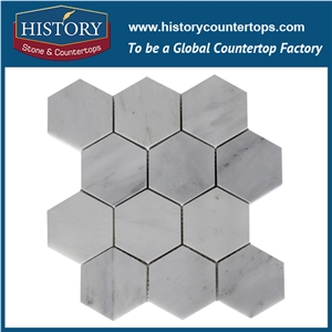 History Stone Guaranteed Brand Quanzhou Supplier Qualified Products, Indian Style Luxury Decoration Tumbled Carrara White Marble 2 Inches Hexagon Mosaic Tiles, Wall and Flooring Mosaic