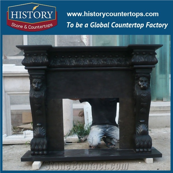 History Stone High Quality Cheapest Price Wholesale Home Decorative Products, Attractive Black Marble Royal Design Exquisite Carved Lions Fireplace Frame, Mantel Surround & Handcrafts