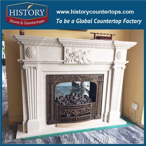 History Stone High Quality Cheapest Price Wholesale Indoor Decorative Products, Attractive White Marble Royal Design Fireplace Frame Exquisite with Four Carved Columns, Mantel & Handcrafts
