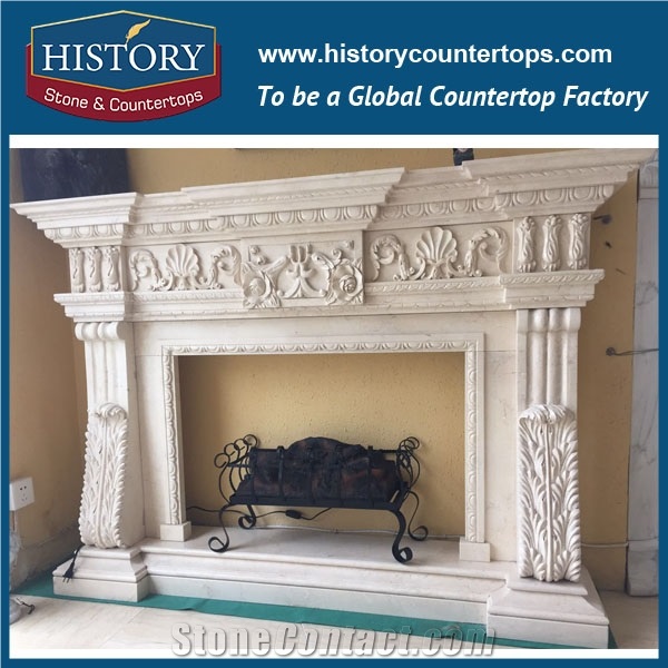 History Stone High Quality Cheapest Price Wholesale Indoor Decorative Products, Attractive White Marble Royal Design Fireplace Frame Exquisite with Four Carved Columns, Mantel & Handcrafts