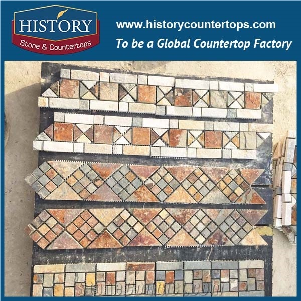 History Stone High Quality Low Price Famous Shangdong Brand Beige Slate Random Square Mosaic Pattern for Balcony, Corridor, Fireplace Decoration, Decorative Mixed Color Mosaic Tile