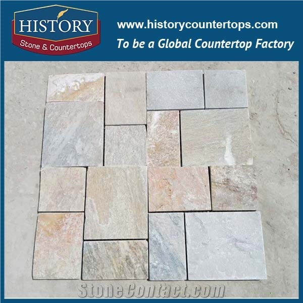 History Stone High Quality Low Price Famous Shangdong Brand Beige Slate Random Square Mosaic Pattern for Balcony, Corridor, Fireplace Decoration, Decorative Mixed Color Mosaic Tile