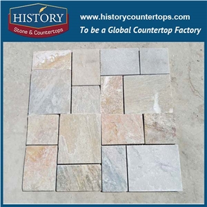 History Stone High Quality Low Price Famous Shangdong Brand Beige Slate Random Square Mosaic Pattern for Balcony, Corridor, Fireplace Decoration, Decorative Mixed Color Mosaic Tile
