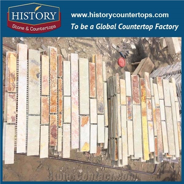 History Stone High Quality Low Price Famous Shangdong Brand Beige Slate Random Square Mosaic Pattern for Balcony, Corridor, Fireplace Decoration, Decorative Mixed Color Mosaic Tile