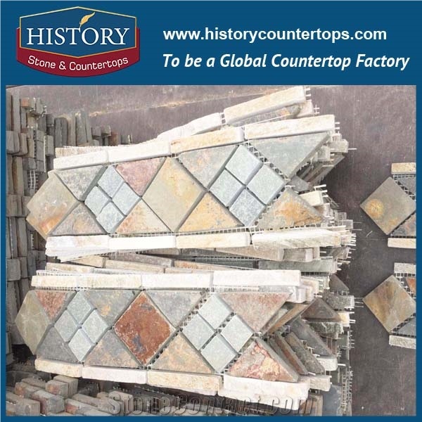 History Stone High Quality Low Price Famous Shangdong Brand Beige Slate Random Square Mosaic Pattern for Balcony, Corridor, Fireplace Decoration, Decorative Mixed Color Mosaic Tile