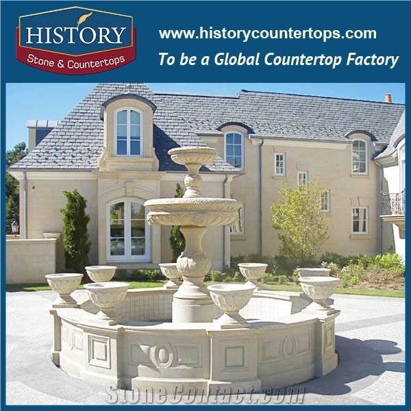 History Stone High Standard China Quanzhou Factory, Polished Yellow Granite Tiered Fountain with Jar Base and Large Pool with Competitive Price, Stone Fountain Ornament