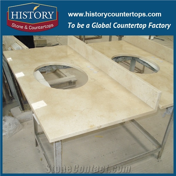 History Stone Hmj030 Crema Marfil Polished Natural Stone High Quality Pruduts Wholesale Inlay Ornamental Integrated Vanity Kit for Hotel Bathroom Vanity Tops , Round Table
