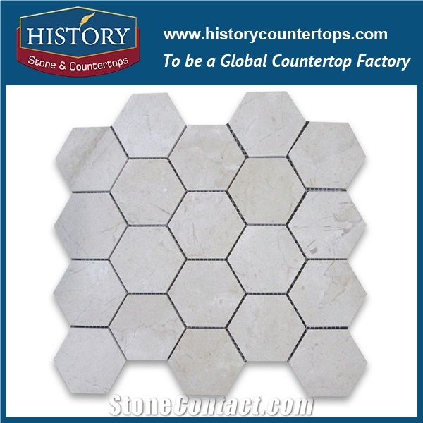 History Stone Low Price Quanzhou Supplier, Pretty Polished Spain Cream Marfil 3 Inches Hexagon Beige Marble Mosaic Tile for Bathroom, Kitchen, Balcony, Corridor and Fireplace Decoration