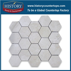 History Stone Low Price Quanzhou Supplier, Pretty Polished Spain Cream Marfil 3 Inches Hexagon Beige Marble Mosaic Tile for Bathroom, Kitchen, Balcony, Corridor and Fireplace Decoration