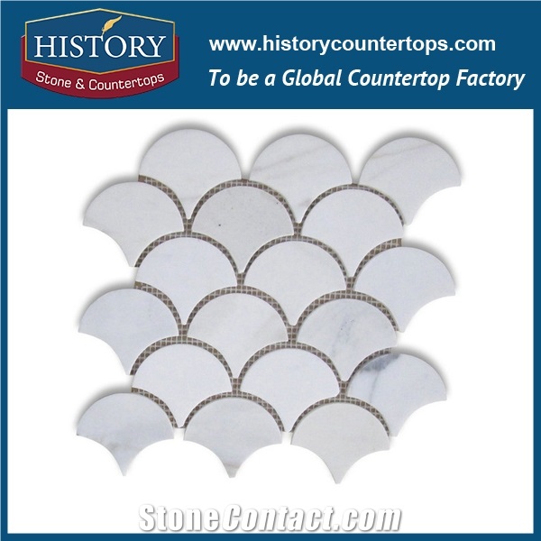 History Stone Qualified Distributors near Me, Nature New Honed Calacatta Gold White Marble Grand Fish Scale Fan Pattern Buy Mosaic Tiles for Living Room, Ktv, Bedroom, Hotel Decorations