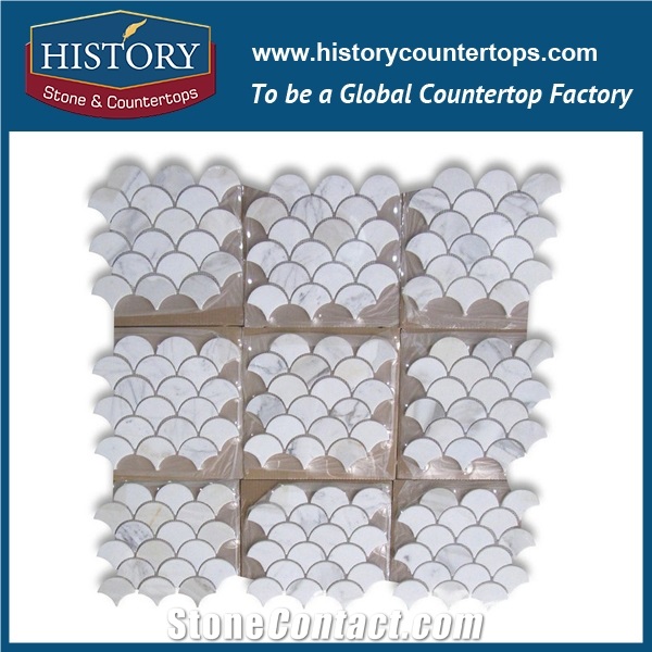 History Stone Qualified Distributors near Me, Nature New Honed Calacatta Gold White Marble Grand Fish Scale Fan Pattern Buy Mosaic Tiles for Living Room, Ktv, Bedroom, Hotel Decorations