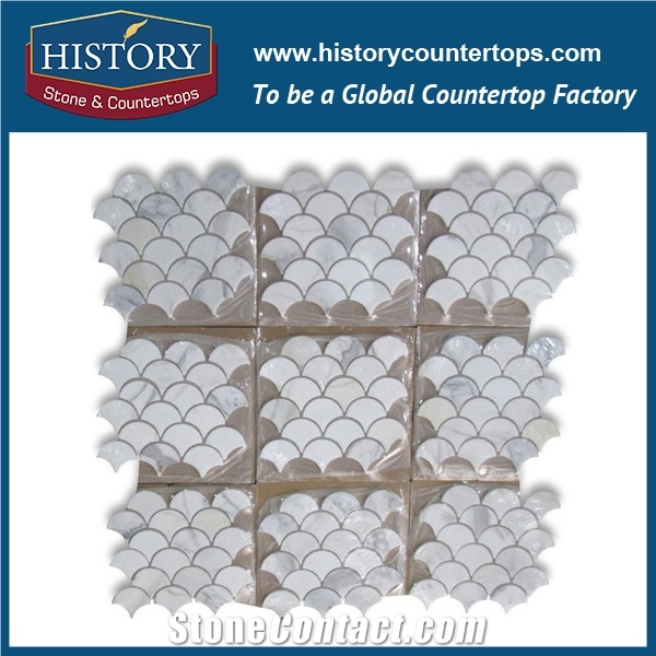 History Stone Qualified Distributors near Me, Nature New Honed Calacatta Gold White Marble Grand Fish Scale Fan Pattern Buy Mosaic Tiles for Living Room, Ktv, Bedroom, Hotel Decorations