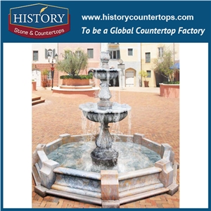 History Stone Qualified Fountain by Shandong Factory, Natural Grey Granite Handwork Fountain with Red Base and Pool for Garden, Park, Square, Villa, Decorative Stone Fountain