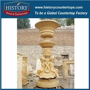 History Stone Qualified Fountain by Shandong Factory, Yellow Granite Handwork Jar Like Fountain with Carved Sitting Nude Boy for Garden, Park, Square, Villa, Decorative Stone Fountain