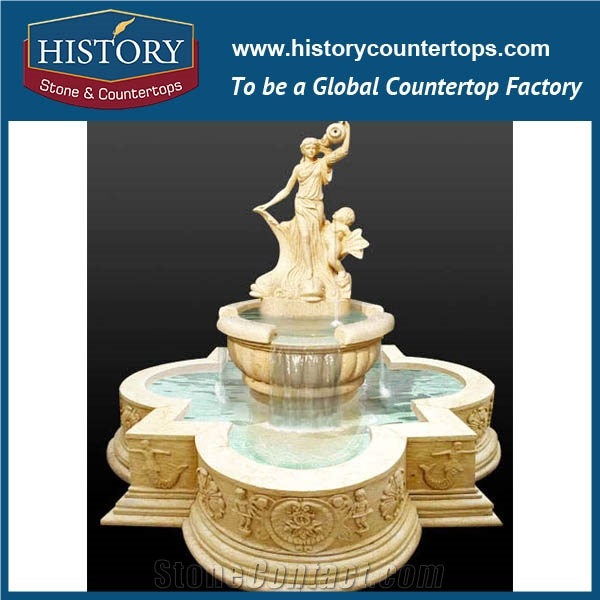 History Stone Qualified Fountain by Shandong Factory, Yellow Granite Handwork Jar Like Fountain with Carved Sitting Nude Boy for Garden, Park, Square, Villa, Decorative Stone Fountain