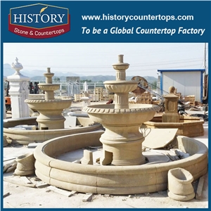 History Stone Qualified Fountain by Shandong Factory, Yellow Granite Handwork Three Layers Fountain with Disk Base for Garden, Park, Square, Villa, Decorative Stone Fountain