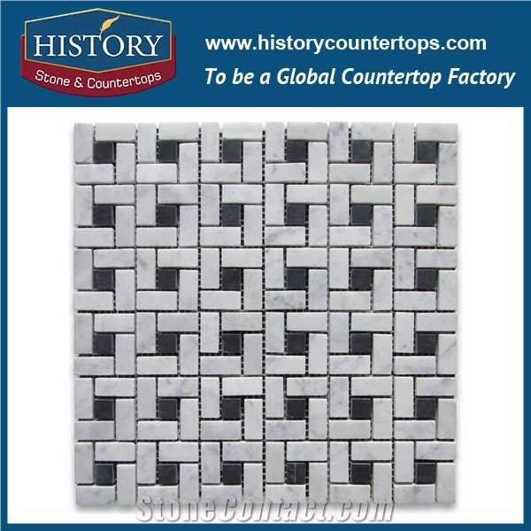 History Stone Qualified Products Classical Items, Natural Polished White Venato Carrara Target Pinwheel Pattern with Black Dots Mosaic Tiles for Bathroom Wall Cladding and Swimming Pool Decoration