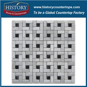 History Stone Qualified Products Classical Items, Natural Polished White Venato Carrara Target Pinwheel Pattern with Black Dots Mosaic Tiles for Bathroom Wall Cladding and Swimming Pool Decoration