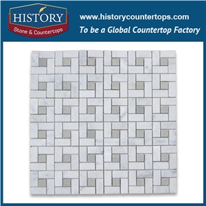 History Stone Qualified Products Classical Items, Natural Polished White Venato Carrara Target Pinwheel Pattern with Black Dots Mosaic Tiles for Bathroom Wall Cladding and Swimming Pool Decoration