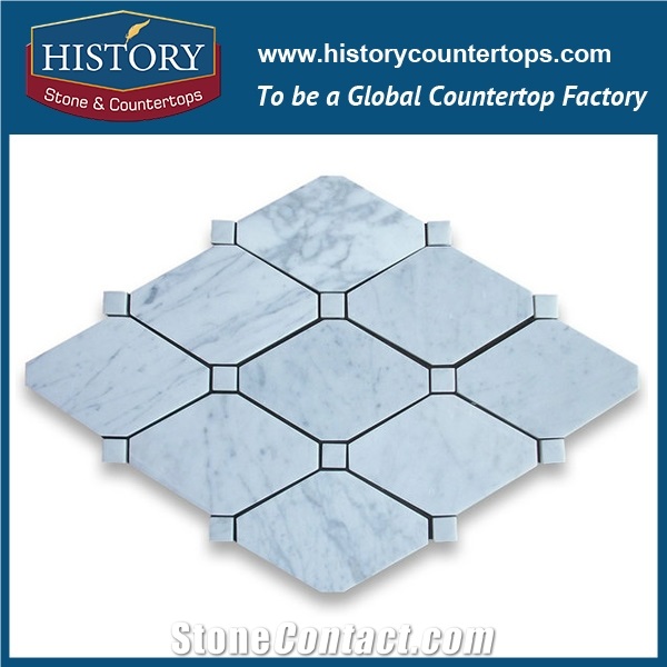 History Stone Qualified Xiamen Factory High Quality Cheap, Nature New Polished Bianco Carrara Marble Long Rhomboid Octagon Pattern Mosaic Tiles for Living Room, Ktv, Bedroom, Hotel Decoration