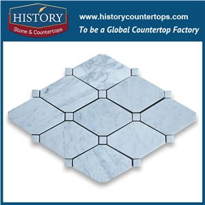 History Stone Qualified Xiamen Factory High Quality Cheap, Nature New Polished Bianco Carrara Marble Long Rhomboid Octagon Pattern Mosaic Tiles for Living Room, Ktv, Bedroom, Hotel Decoration