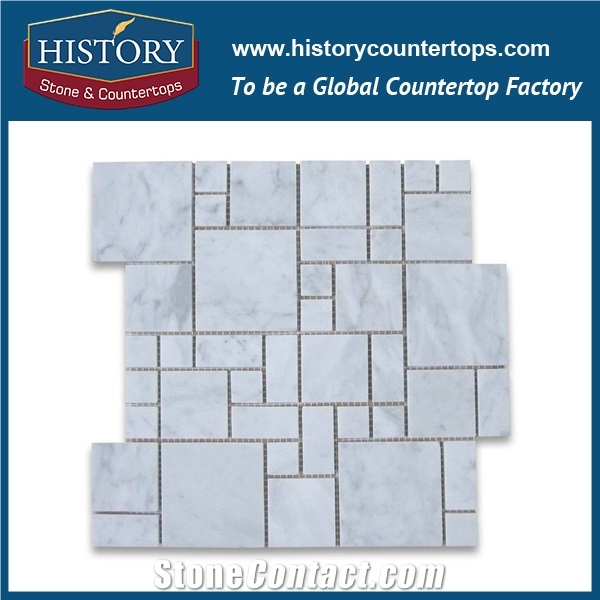 History Stone Qualified Xiamen Producer, Novel Design High Quality Honed Carrara White Mini Versailles Pattern Mosaic Tiles for Living Room, Ktv, Bedroom, Hotel, Decorative Flooring Marble Mosaic