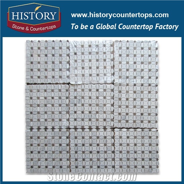 History Stone Quanzhou Shuitou Manufacturer High Quality, Carrara White and Dark Emperador Marble Flower Pattern Bathroom Mosaic Tile with Low Price for House Decoration, Floor & Wall Mosaic