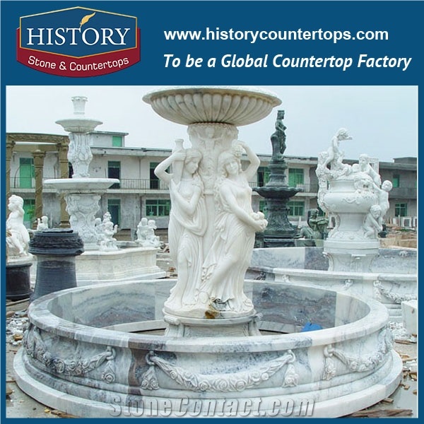 History Stone Reputable Producer China Quanzhou Factory, White Marble Disk-Annulus Pattern Layers Fountain with Carved Soldiers and Horses, Stone Fountain Ornament