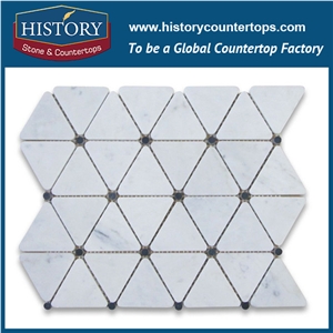History Stone Reputed Quanzhou Shuitou Manufacturer High Quality Classical Honed Carrara White 2.75 Inches Triangle Pattern with Black Round Dots Mosaic, Floor and Wall Marble Mosaic Tiles