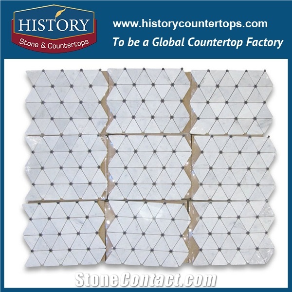 History Stone Reputed Quanzhou Shuitou Manufacturer High Quality Classical Honed Carrara White 2.75 Inches Triangle Pattern with Black Round Dots Mosaic, Floor and Wall Marble Mosaic Tiles