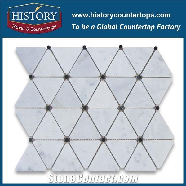 History Stone Reputed Quanzhou Shuitou Manufacturer High Quality Classical Honed Carrara White 2.75 Inches Triangle Pattern with Black Round Dots Mosaic, Floor and Wall Marble Mosaic Tiles