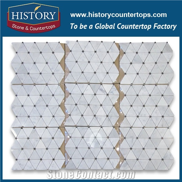 History Stone Reputed Quanzhou Shuitou Manufacturer High Quality Classical Honed Carrara White 2.75 Inches Triangle Pattern with Black Round Dots Mosaic, Floor and Wall Marble Mosaic Tiles