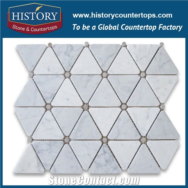 History Stone Reputed Quanzhou Shuitou Manufacturer High Quality Classical Honed Carrara White 2.75 Inches Triangle Pattern with Black Round Dots Mosaic, Floor and Wall Marble Mosaic Tiles