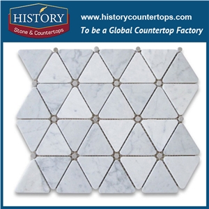 History Stone Reputed Quanzhou Shuitou Manufacturer High Quality Classical Honed Carrara White 2.75 Inches Triangle Pattern with Black Round Dots Mosaic, Floor and Wall Marble Mosaic Tiles