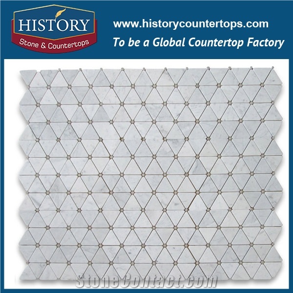 History Stone Reputed Quanzhou Shuitou Manufacturer High Quality Classical Honed Carrara White 2.75 Inches Triangle Pattern with Black Round Dots Mosaic, Floor and Wall Marble Mosaic Tiles
