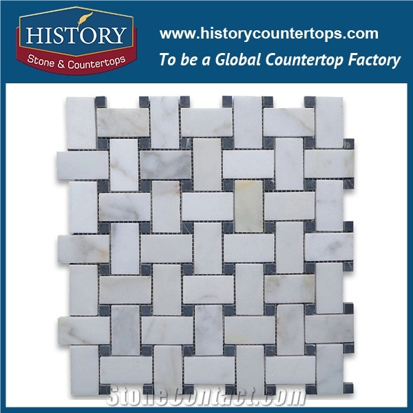 History Stone Reputed Shandong Factory High Quality, Classical Natural Honed Calacatta Gold Marble 1×2 Basket Weave with Black Dots Mosaic, Decorative Interior Flooring and Wall Mosaic Tiles