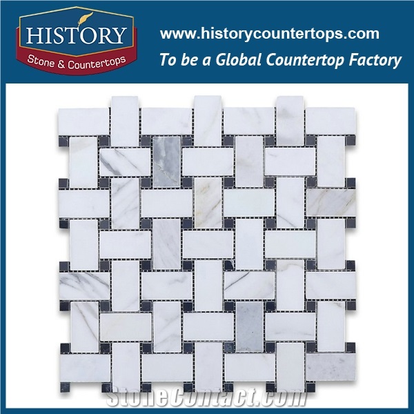 History Stone Reputed Shandong Factory High Quality, Classical Natural Honed Calacatta Gold Marble 1×2 Basket Weave with Black Dots Mosaic, Decorative Interior Flooring and Wall Mosaic Tiles