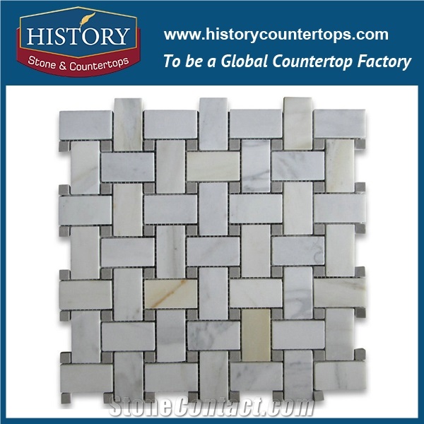 History Stone Reputed Shandong Factory High Quality, Classical Natural Honed Calacatta Gold Marble 1×2 Basket Weave with Black Dots Mosaic, Decorative Interior Flooring and Wall Mosaic Tiles