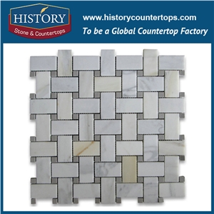 History Stone Reputed Shandong Factory High Quality, Classical Natural Honed Calacatta Gold Marble 1×2 Basket Weave with Black Dots Mosaic, Decorative Interior Flooring and Wall Mosaic Tiles