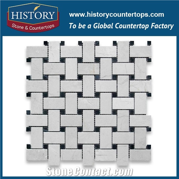 History Stone Reputed Shandong Factory High Quality, Classical Natural Honed Calacatta Gold Marble 1×2 Basket Weave with Black Dots Mosaic, Decorative Interior Flooring and Wall Mosaic Tiles