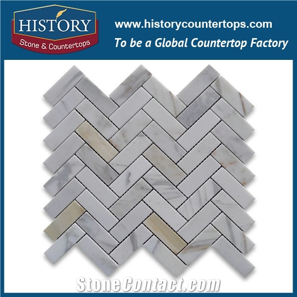 History Stone Shandong Factory Wholesaler, Polished Natural Calacatta Gold Marble 1×3 Herringbone Mosaic Wall Tile Products for Kitchen and Bathroom Decoration, Flooring & Mural Mosaic