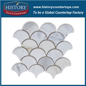 History Stone Shandong Manufacturer New Products, Interior Decorative Polished Calacatta Gold White Marble Grand Fish Scale Fan Pattern Mosaic Tiles for Kitchen Floor, Tv Background Wall Cladding