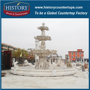 History Stone Wolrd Class China Craftsmanship, Grey Granite Magnificent Three-Layer Floral Garden Fountain with Exquisite Carved Lions Statues, Decorative Sculptured Water Fountain