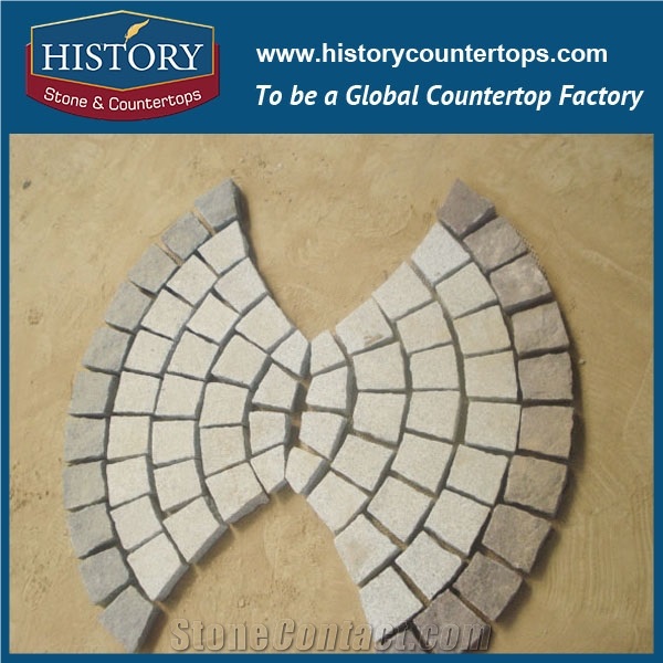 History Stones Chinese Manufacture Natural Flamed Fan Shaped Light Yellow Beige Granite Terrace Floors, Driveway Covering, Waterproof Patio Flooring, Paving Sets, Rain Drainage Cube Stone & Paver