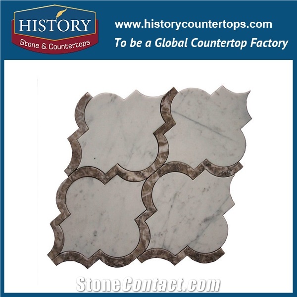 Honed Light Emperador and White Carrara Marble Lantern Shaped Arabesque Pattern Mosaic Tile for Bathroom Wall Backsplash, Floor & Mural Stone Mosaic