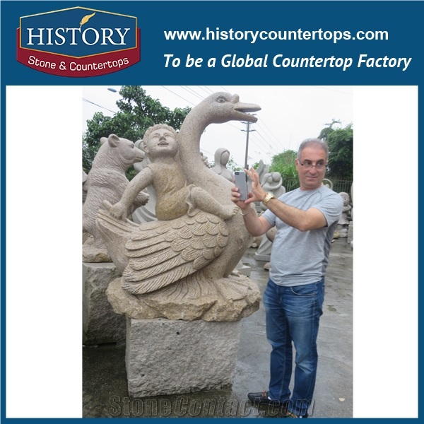 Large Cheap Price Hand Carved Stone Animal Figurines Natural Granite Yellow Color Famous Customized Little Boy Sitting on Ducks Sculptures