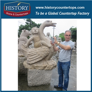 Large Cheap Price Hand Carved Stone Animal Figurines Natural Granite Yellow Color Famous Customized Little Boy Sitting on Ducks Sculptures