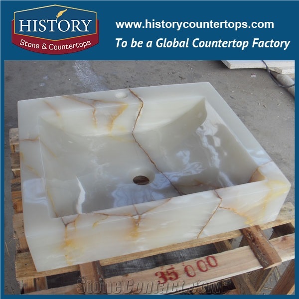 Modern Western Style Anti-Scratch White Onyx Stone Sink, Unique and Colorful Natural Rectangle Onyx Stone Sink with Single Hole