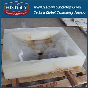 Modern Western Style Anti-Scratch White Onyx Stone Sink, Unique and Colorful Natural Rectangle Onyx Stone Sink with Single Hole